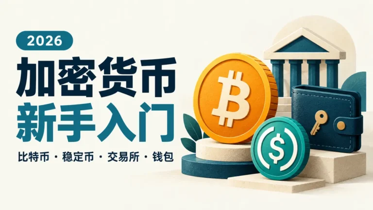 加密货币新手入门 2026：比特币、稳定币、交易所与钱包的概念插画