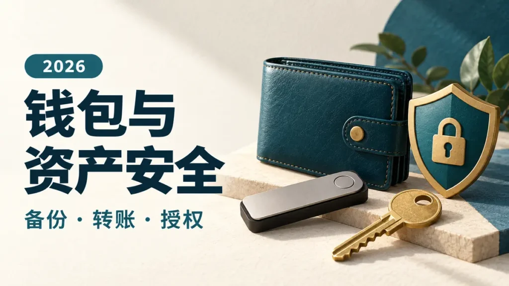 青绿钱包、硬件钱包、钥匙和盾牌组成的钱包与资产安全封面